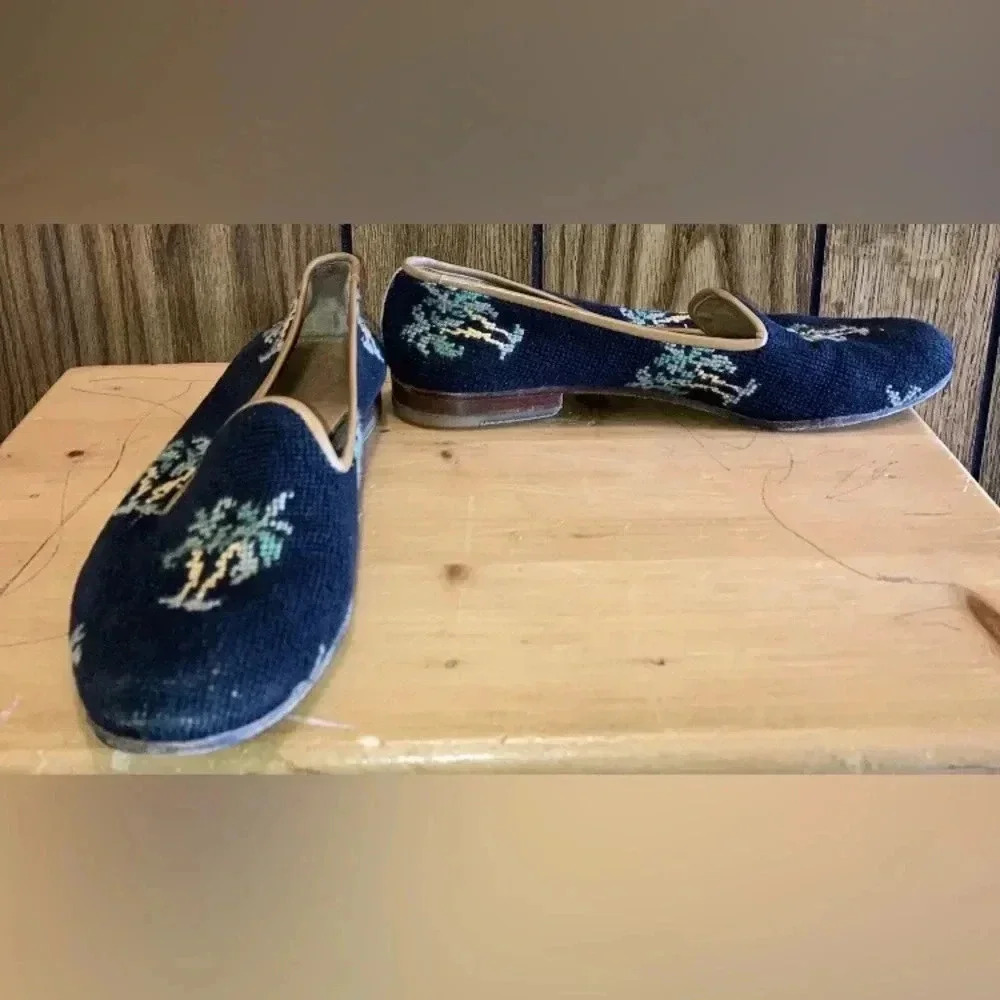 Woman STUBBS & WOOTTON black Green Needlepoint Palm Tree Slipper Shoe Flat 7.5